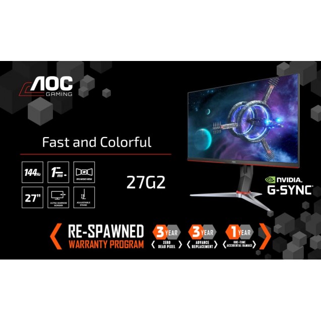 AOC 27G2 27 Inch Frameless Gaming IPS Monitor, FHD 1080P, 1ms 144Hz, NVIDIA  G-SYNC Compatible